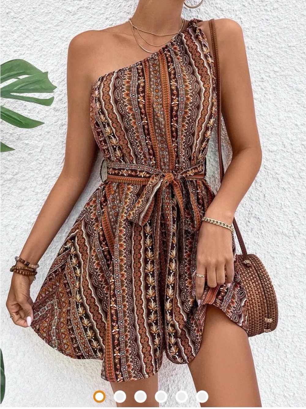 One-Shoulder Brown Patterned Romper with Self Tie Waist Lightweight Sz Jr L